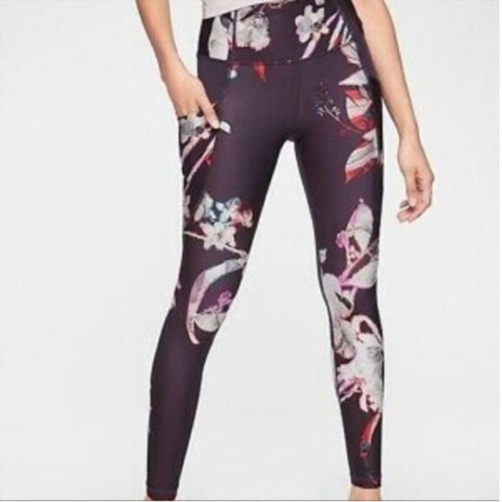 Athleta Salutation Stash Pocket Floral Magnolia Tight Regal Plum Size XXS
